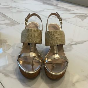 Brand new French Connection gold and tan sandal. New with box